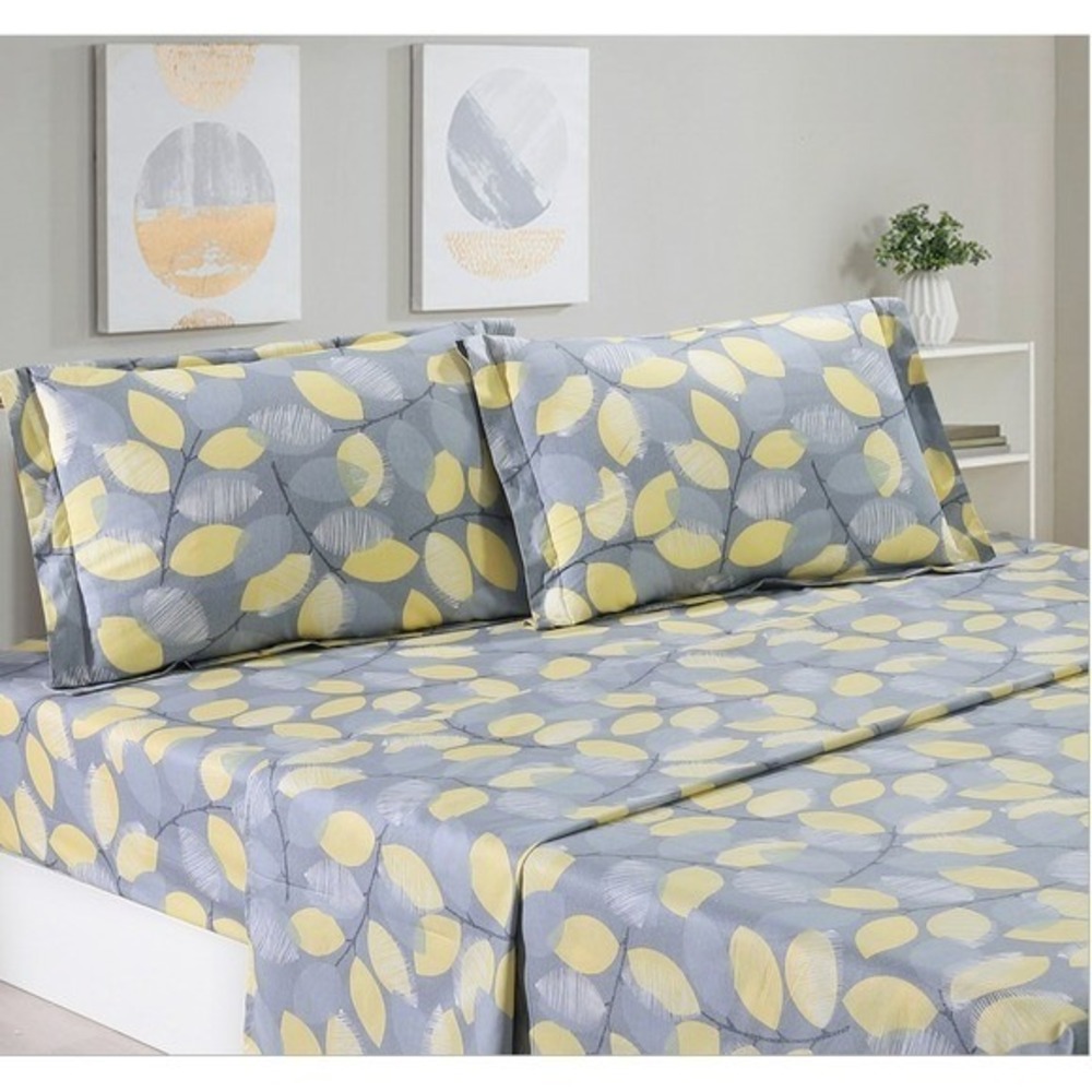 Woodgrove Yellow Green Leaf 100% Cotton Sheet Set with Pillowcase Queen